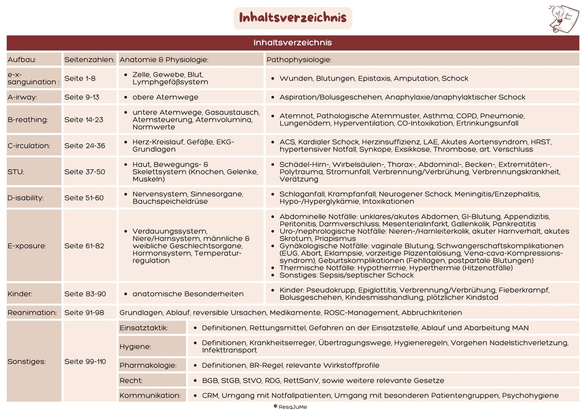 Inhaltsverzeichnis der ResqJuMe Lernkarten für Rettungssanitäter/-innen